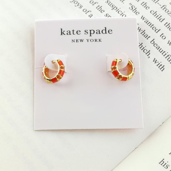 NEW KATE SPADE Rare Form Striped Gold Red Huggie Earrings